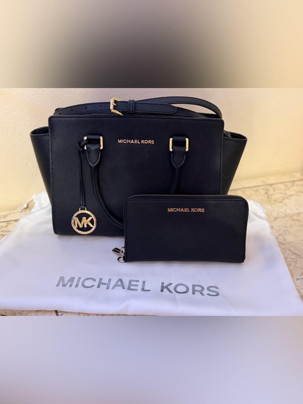 Michael Kors Black Saffiano Satchel with Matching Wallet- gold hardware